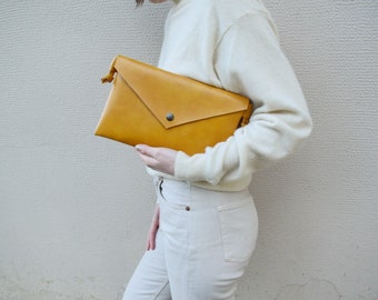 Vegan leather convertible clutch, Mustard yellow envelope bag, Removable strap purse