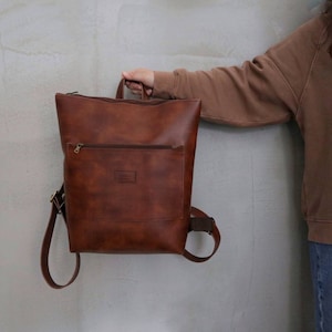 Brown Leather Backpack,Vegan Leather Laptop Rucksack,Brown Camera Bag Purse,Faux Leather Water Resistant Handmade Bag,Unisex Minimalist Bag image 2