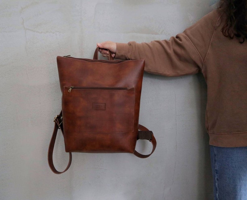 Brown Leather Backpack,Vegan Leather Laptop Rucksack,Brown Camera Bag Purse,Faux Leather Water Resistant Handmade Bag,Unisex Minimalist Bag image 2