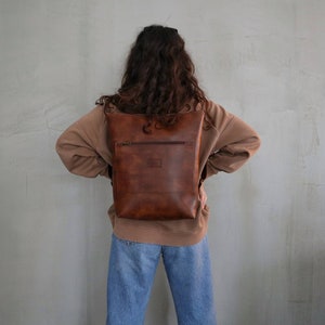 Brown Leather Backpack,Vegan Leather Laptop Rucksack,Brown Camera Bag Purse,Faux Leather Water Resistant Handmade Bag,Unisex Minimalist Bag