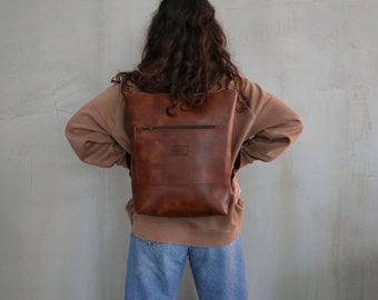 Brown Leather Backpack,Vegan Leather Laptop Rucksack,Brown Camera Bag Purse,Faux Leather Water Resistant Handmade Bag,Unisex Minimalist Bag