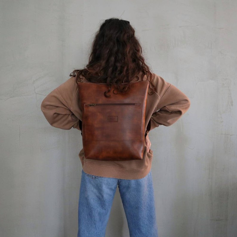 Brown Leather Backpack,Vegan Leather Laptop Rucksack,Brown Camera Bag Purse,Faux Leather Water Resistant Handmade Bag,Unisex Minimalist Bag image 1