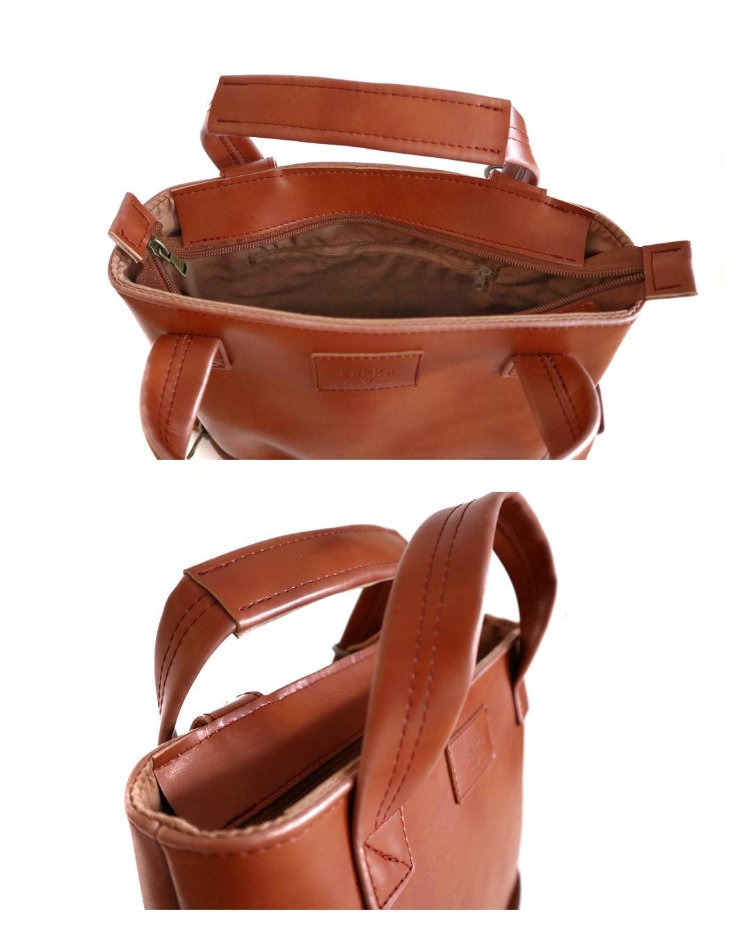 Small Convertible Shoulder Tote Bag,cognac Vegan Leather  display picture 2