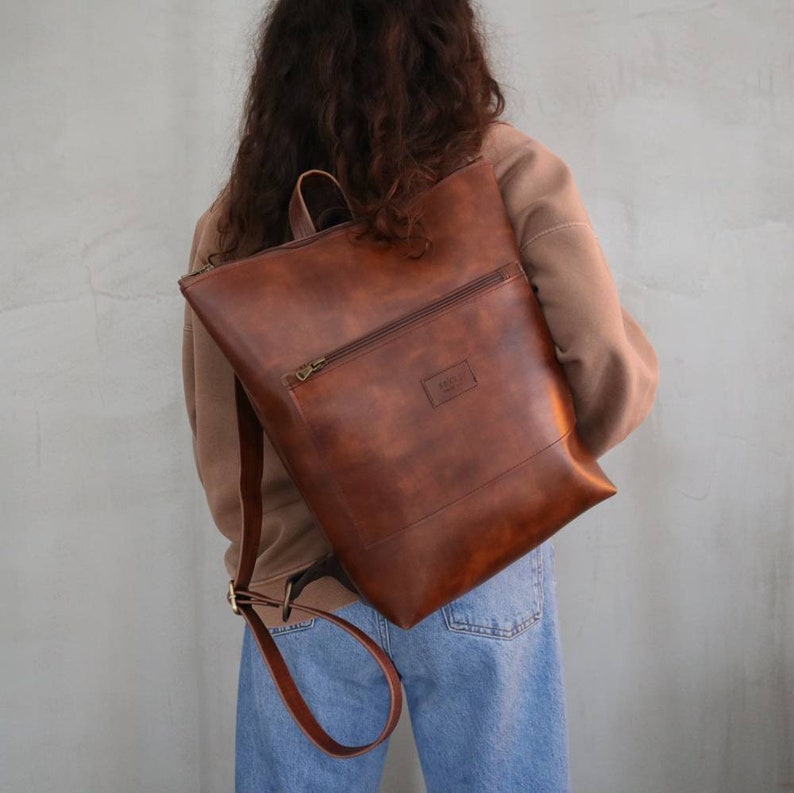 Brown Leather Backpack,Vegan Leather Laptop Rucksack,Brown Camera Bag Purse,Faux Leather Water Resistant Handmade Bag,Unisex Minimalist Bag image 3