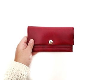 Cartera de cuero vegano, estuche de tabaco, estuche de monedas de cuero ecológico vegano burdeos, billetera larga y delgada grande, billetera grande con bolsillo con cremallera, billetera unisex