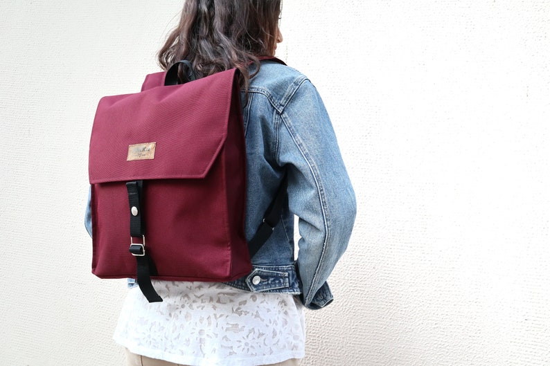 Burgundy flap Backpack,Canvas rucksack,water resistant knapsack,large vegan handbag,casual urban backpack,unisex washable bag,sakkahandmade image 2