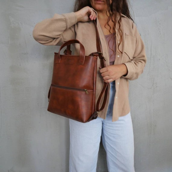 Convertible Handmade Bag brown Vegan Leather Backpack crossbody Shoulder Tote Pleather Bag vegan Leather Handbag water Resistant Rucksack Etsy