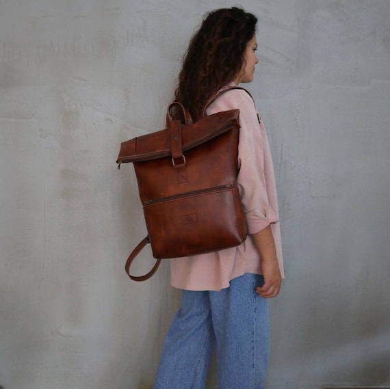 Vegan Leather Backpack,roll Top Rucksack,brown Leather Bag  display picture 1