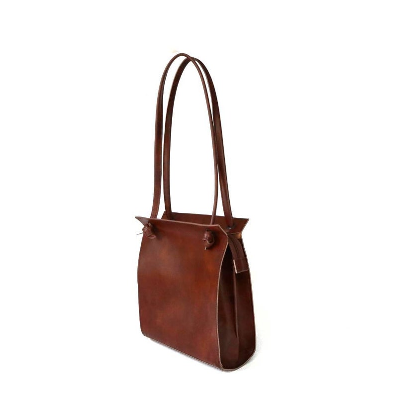 Sac à bandoulière, sac à main en cuir végétalien, sac à main en cuir marron, sac fourre-tout avec poche zippée, sac à main en similicuir, sac à nœud minimaliste, cadeau végétalien pour elle image 8