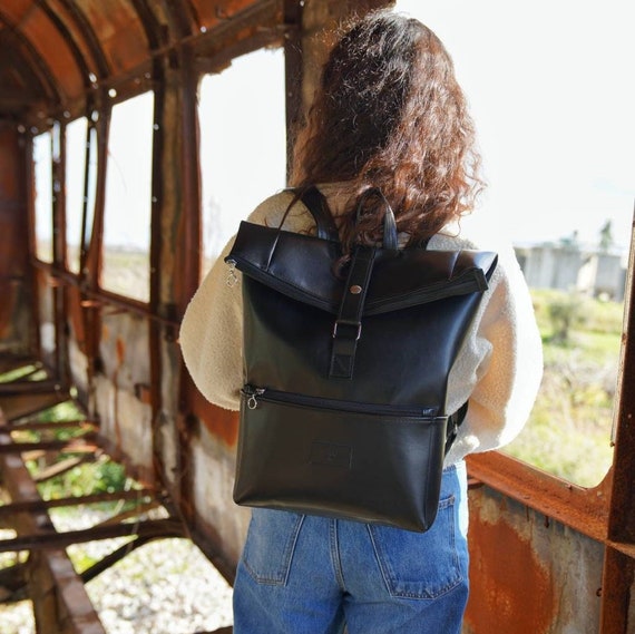 Black Vegan Leather Bag roll Top Backpack water Resistant Rucksack foldover Handbag large Laptop Backpack handmade Bag for Him Etsy UK