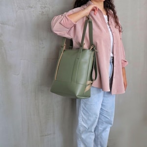 Convertible Laptop Shoulder Bag,Pistacho Mint Pastel Green Vegan Leather Backpack,Tote Shopper Handbag,Water Resistant Purse Rucksack,Gift
