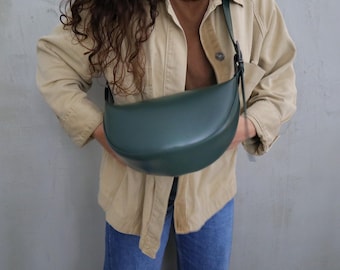 Green Crescent Bag,Vegan Leather Sling Banana Bag,Crossbody Slouchy Purse,Half moon Bag,Crossbody Dumpling Purse,Gift for her,Concert Bag