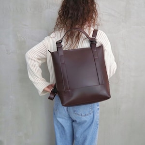 Sac pour ordinateur portable convertible, Sac à dos en cuir végétalien marron bordeaux, Sac cabas porté épaule, Sac à main en cuir végétalien, Sac à dos imperméable