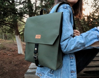 Green flap vegan Backpack,Water resistant cordura rucksack,Casual School knapsack,Urban Canvas handbag,Travel bag,gift women, sakkahandmade