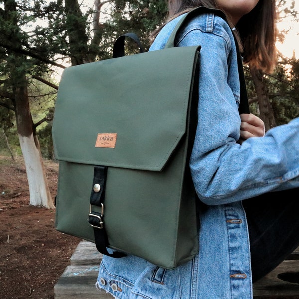 Green flap vegan Backpack,Water resistant cordura rucksack,Casual School knapsack,Urban Canvas handbag,Travel bag,gift women, sakkahandmade