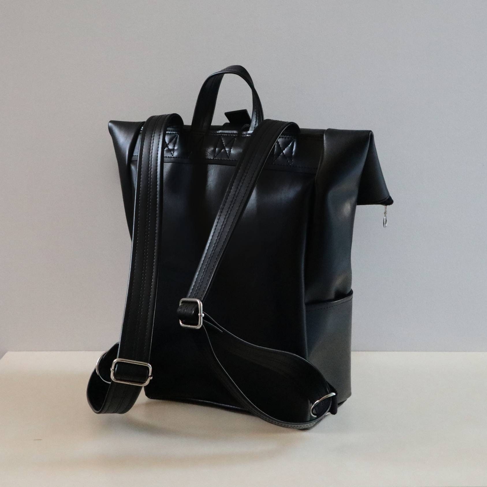 Black Vegan Leather BagRoll Top BackpackWater resistant | Etsy