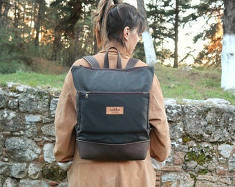 Vegan Waxed Canvas Backpack/brown vegan leather backpack/Business Backpack Water Resistant/Weekend backpack/Casual daybag/sakkahandmade