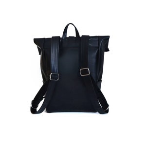 Black Vegan Leather Bag,roll Top Backpack,water Resistant Rucksack ...
