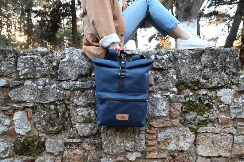 Blue Roll Top BackpackVegan BackpackZip PocketCordura BackpackRoll top rucksackTravel BackpackDaily backpack sakkahandmade egst