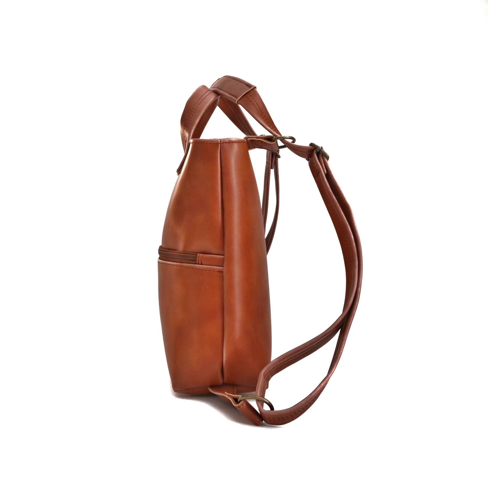 Small Convertible Shoulder Tote Bag,cognac Vegan Leather 