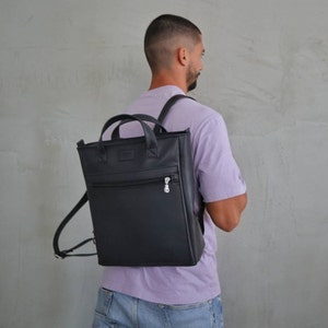 Handles Zipper Backpack,Vegan Faux Leather Rucksack,Camera Laptop Travel Bag,Unisex Backpack,Handmade Backpack Women Purse Water resistant image 3