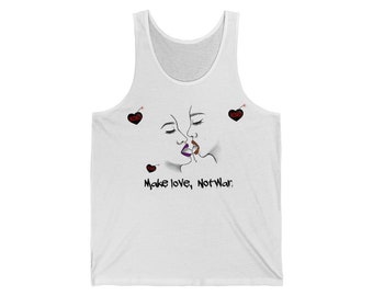 May include: White tank top featuring a graphic of two faces kissing, with purple lips and a brown tongue. Black heart accents with "XOXO" and "Love" are scattered around the image. The text "Make love, Not War" is printed below.