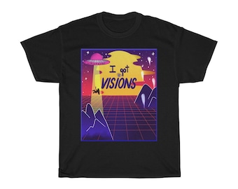 May include: Black t-shirt with a retro-style graphic featuring a UFO, a person being beamed up, and the text "I got VISIONS." The design includes a grid, mountains, and a colorful sunset.