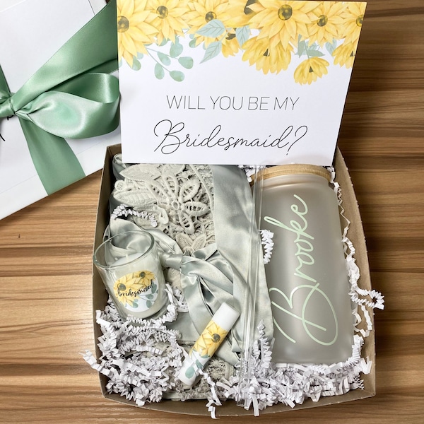 BRIDESMAID PROPOSAL BOX Set Sunflowers Robe Ice Coffee Glass Mug Bridesmaid proposal Will you be my box Sunflower Wedding Rustic Wedding