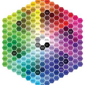 May include: A color palette chart with a hexagonal pattern. The chart features a gradient of colors from green to purple, with shades of blue, red, orange, and yellow. The colors are arranged in a honeycomb pattern, with each hexagon representing a different color.
