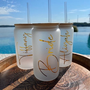 Personalized Iced Coffee Cup, Custom Beer Can Glass with Lid and Straw, Bridesmaid Gift, Bachelorette 16oz Glass Cup, Bridesmaid Proposal