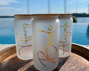 Personalized Iced Coffee Cup, Custom Beer Can Glass with Lid and Straw, Bridesmaid Gift, Bachelorette 16oz Glass Cup, Bridesmaid Proposal