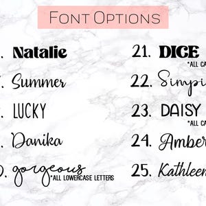 May include: Image displaying font options for design. The text "FONT OPTIONS" is at the top. Various font styles are shown, including "Natalie," "Summer," "LUCKY," "Danika," "gorgeous," "DICE," "Simplicity," "DAISY," "Amber," and "Kathleen."