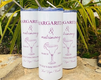 BACHELORETTE PARTY Cups Margs & Matrimony Cocktail Tumbler -Skinny 20OZ Straight Stainless Steel Metal Straws Bach Party Favors - Girls Trip