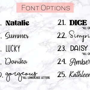 May include: A list of 10 different font styles, numbered 16 through 25, with the names "Natalie", "Summer", "LUCKY", "Danika", "gorgeous", "DICE", "Simpicity", "DAISY", "Amber", and "Kathleen".