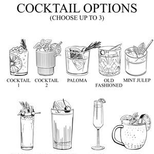 May include: Black and white line drawings of different cocktails, including a Paloma, Old Fashioned, Mint Julep, Bloody Mary, Painkiller, Mimosa, and Mule. The text "Cocktail Options (Choose up to 3)" is at the top of the image.