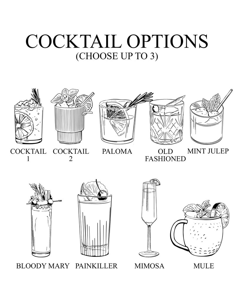 May include: Black and white line drawings of different cocktails, including a Paloma, Old Fashioned, Mint Julep, Bloody Mary, Painkiller, Mimosa, and Mule. The text "Cocktail Options (Choose up to 3)" is at the top of the image.