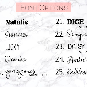 May include: Image showcasing font options for design projects. The text "FONT OPTIONS" is at the top. Various font styles are displayed, including "Natalie," "Summer," "LUCKY," "Danika," "gorgeous," "DICE," "Simplicity," "DAISY," "Amber," and "Kathleen."