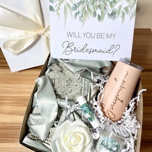 BRIDESMAID PROPOSAL BOX Sage Greenery Satin Lace Robe Champagne Tumbler Best Bridesmaid proposal 2024 Bridesmaid robe