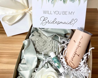 BRIDESMAID PROPOSAL BOX Sage Greenery Satin Lace Robe Champagne Tumbler Best Bridesmaid proposal 2024 Bridesmaid robe