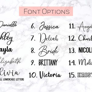 May include: Image showcasing 15 font options for personalized items. The fonts range from elegant scripts to bold, block letters, with names like Danielle, Ashley, and Nicole. The text "Font Options" is at the top, and "*ALL LOWERCASE LETTERS" is at the bottom.