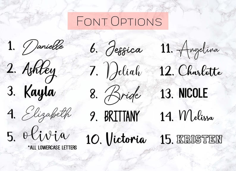 May include: Image showcasing 15 font options for personalized items. The fonts range from elegant scripts to bold, block letters, with names like Danielle, Ashley, and Nicole. The text "Font Options" is at the top, and "*ALL LOWERCASE LETTERS" is at the bottom.