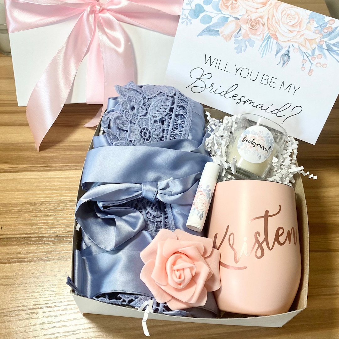 BRIDESMAID GIFTS BOX Satin Lace Robe Wine Tumbler Best Bridesmaid