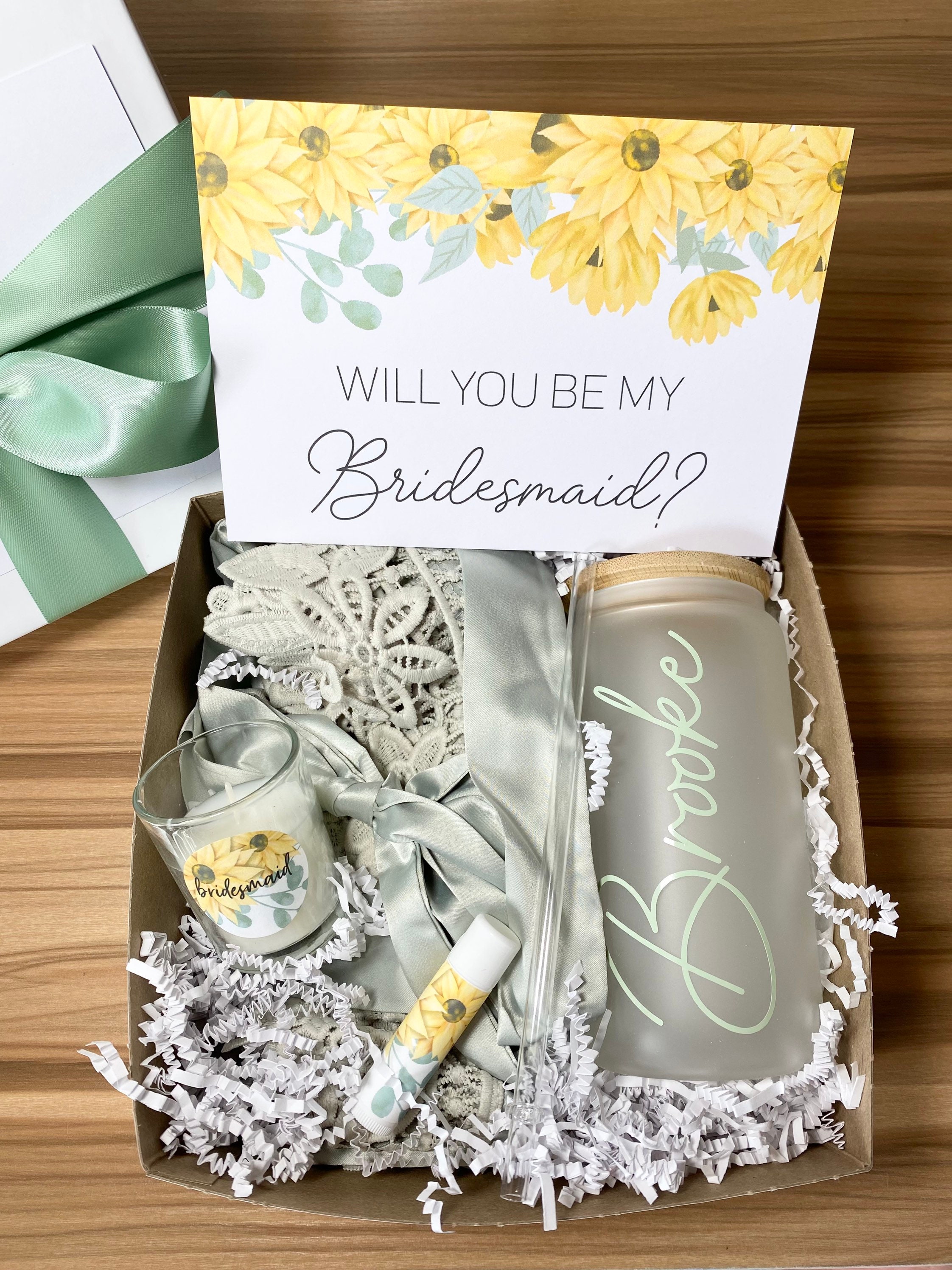 BRIDESMAID PROPOSAL BOX Set Sunflowers Robe Ice Coffee Glass Mug