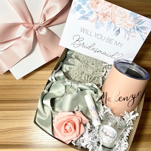 BRIDESMAID PROPOSAL BOX Satin Lace Robe Wine Tumbler  Best Bridesmaid proposal 2024 Bridesmaid robe Bridesmaid thank you gift box