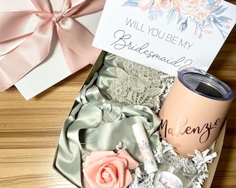 Bridesmaid Proposal Box: Satin Lace Robe, Tumbler Gift Set
