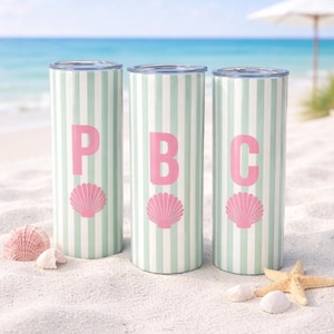 Gobelets pour les vacances, gobelets personnalisés coquillage sur la plage, EVJF sur la plage, gobelets pour les vacances en famille avec initiales Rayure Cabana