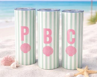 Vacation Tumblers, Seashell Personalized Beach Girls Trip Cups, Beach Bachelorette, Family Vacation Tumblers with initials Cabana Stripe