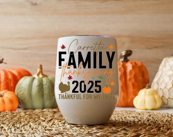 Vaso de vino personalizado para reunión familiar de Acción de Gracias: recuerdo de acero inoxidable para amigos.