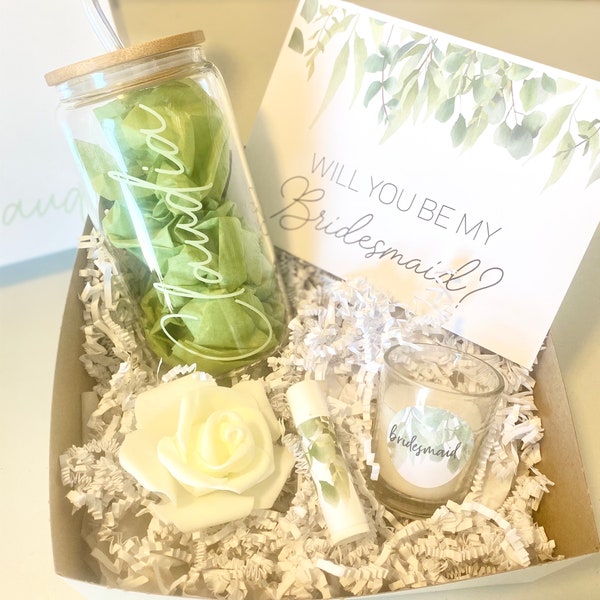 BRIDESMAID PROPOSAL BOX Set Ice Coffee Glass Mug | Bridesmaid proposal | Will you be my bridesmaid box Sage Greenery Eucalyptus