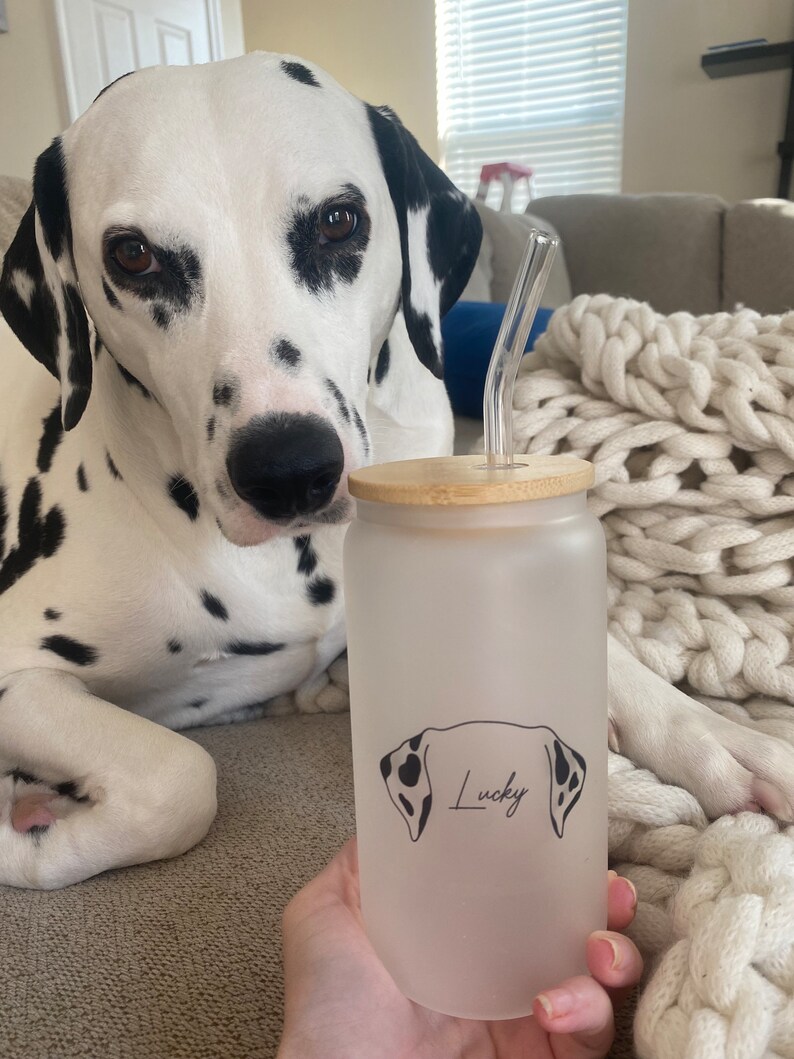 May include: A frosted glass water bottle with a bamboo lid and a black and white dog silhouette with the name "Lucky" printed on it. The bottle has a clear glass straw.